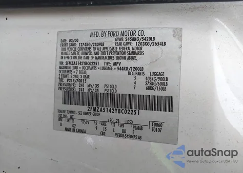 2000 Ford Windstar Lx z USA, uszkodzony, nr VIN 2FMZA5142YBC02251